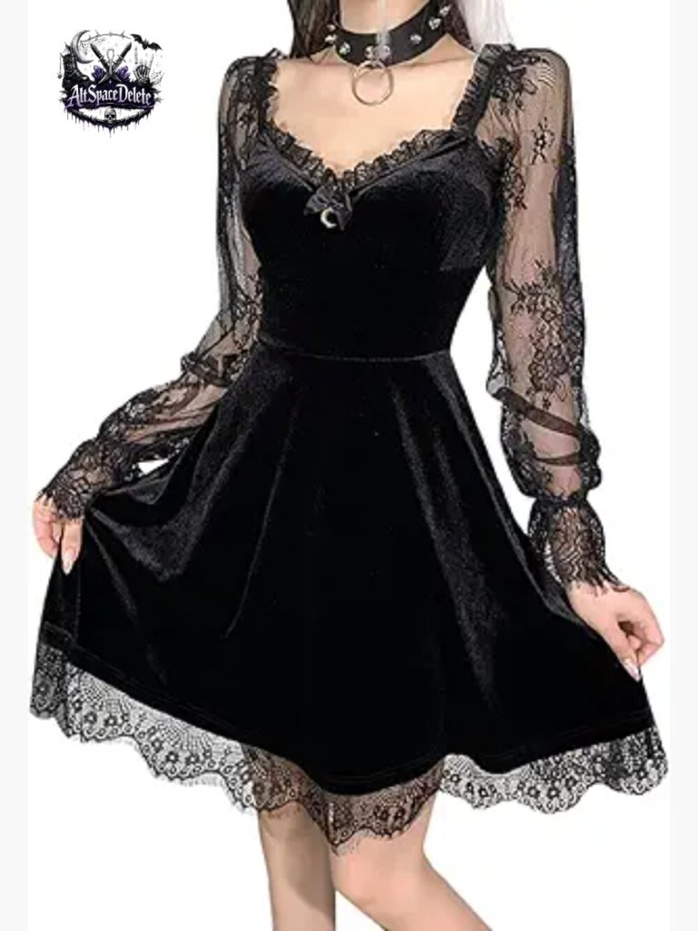 Lace Long Sleeve Gothic Vintage Dress with Velvet Trim and Sheer Sleeves